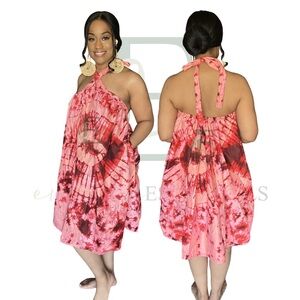 Coral Tie-Dye Halter Swing Dress | One Size (S-XXL)